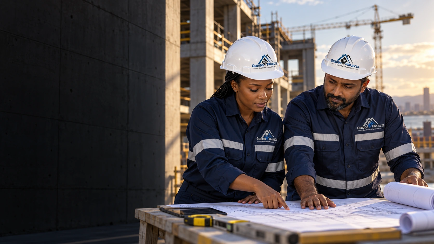Illustrative construction professionals in Gebodo Projects branded workwear