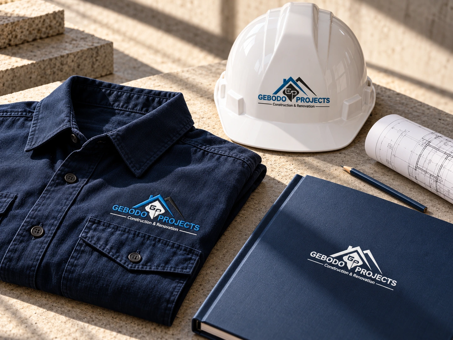 Illustrative Gebodo Projects branded hard hat, workwear and construction planning materials